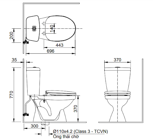 Bản vẽ kỹ thuật của bồn cầu Inax C-108VA 2 khối