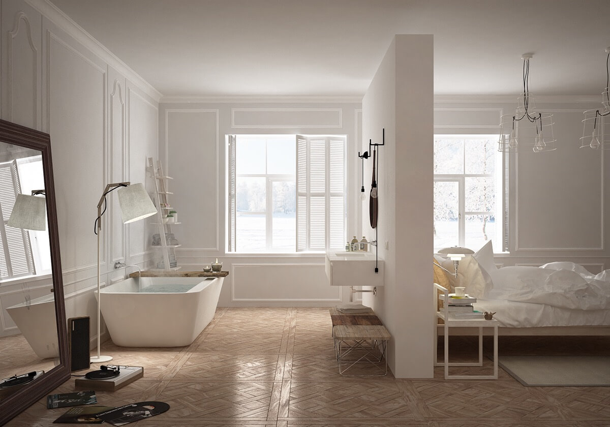 Nếu phòng của bạn đủ rộng thì có thể đặt thêm bồn tắm trong phòng vệ sinh