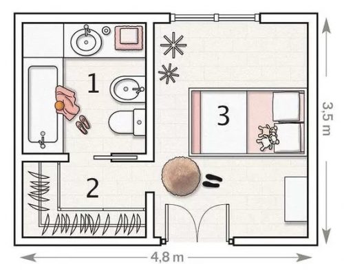 Bản vẽ thiết kế phòng ngủ có nhà vệ sinh đặt ở cuối phòng, hướng cửa đặt khuất bên trong