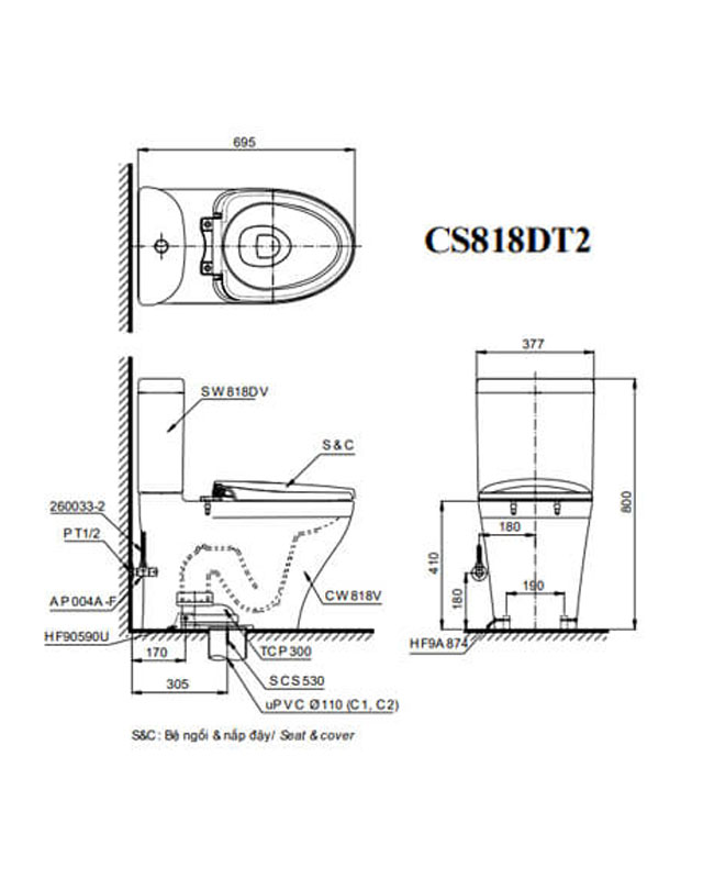 Thông số kỹ thuật bồn cầu TOTO 2 khối CS818DT2