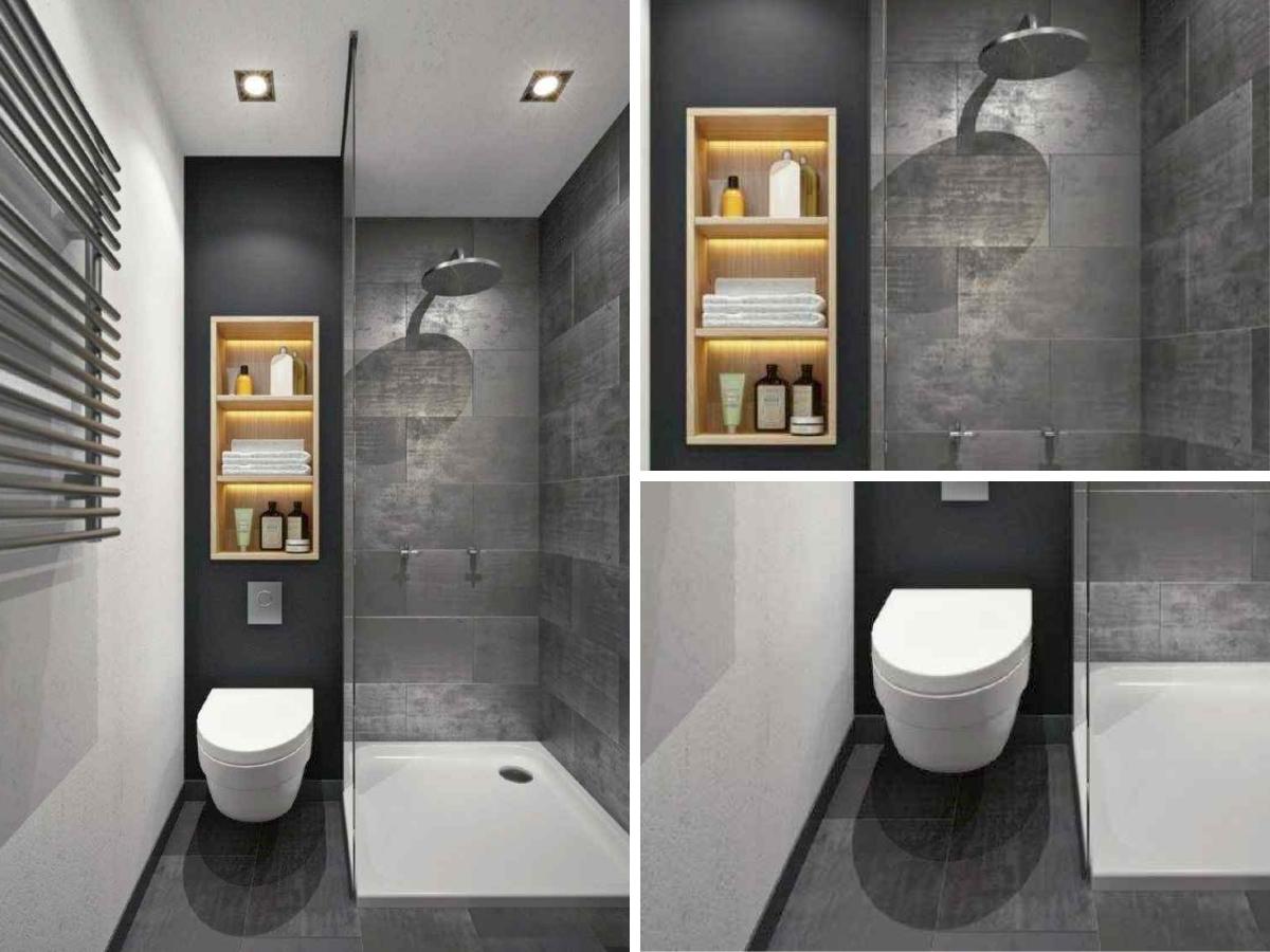Mẫu thiết kế phòng tắm nhỏ, hiện đại với gam màu xám ghi chủ đạo
