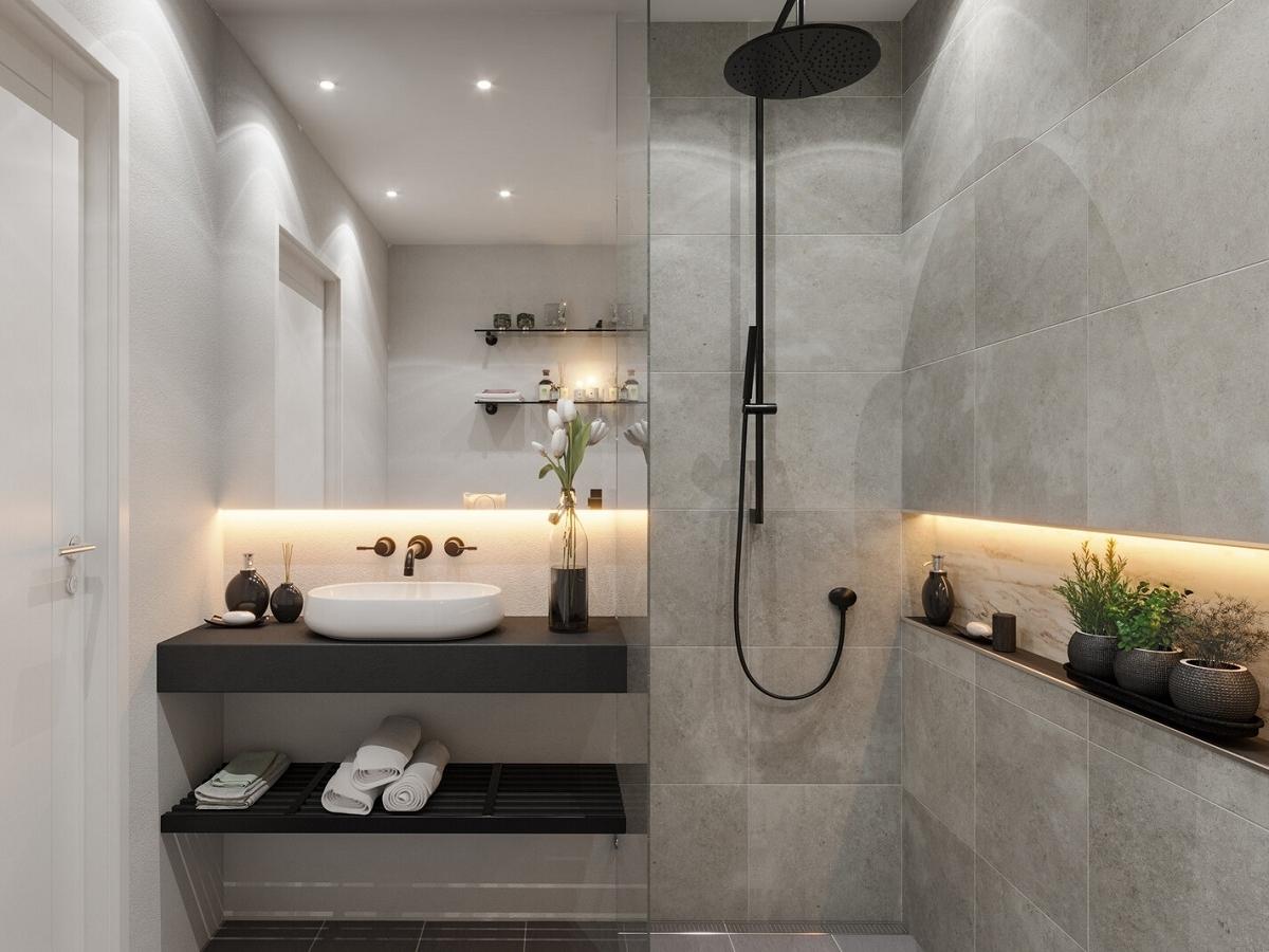 Sử dụng đèn LED âm tường mang lại vẻ hiện đại cho không gian phòng tắm