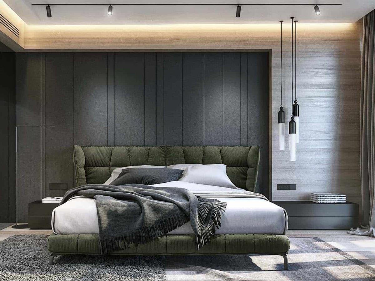Mẫu giường ngủ màu xanh lam trở thành điểm nhấn nổi bật giữa căn phòng ngủ hiện đại