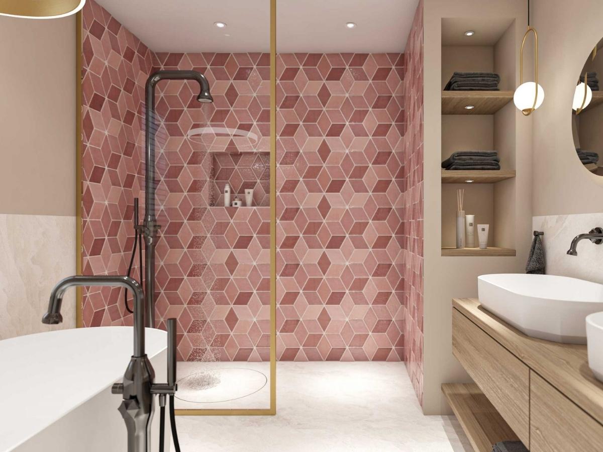 Cần phải lưu ý đến tỷ lệ màu sắc giữa màu hồng với các màu khác để phòng tắm trở thành khu vực gây ấn tượng trong ngôi nhà