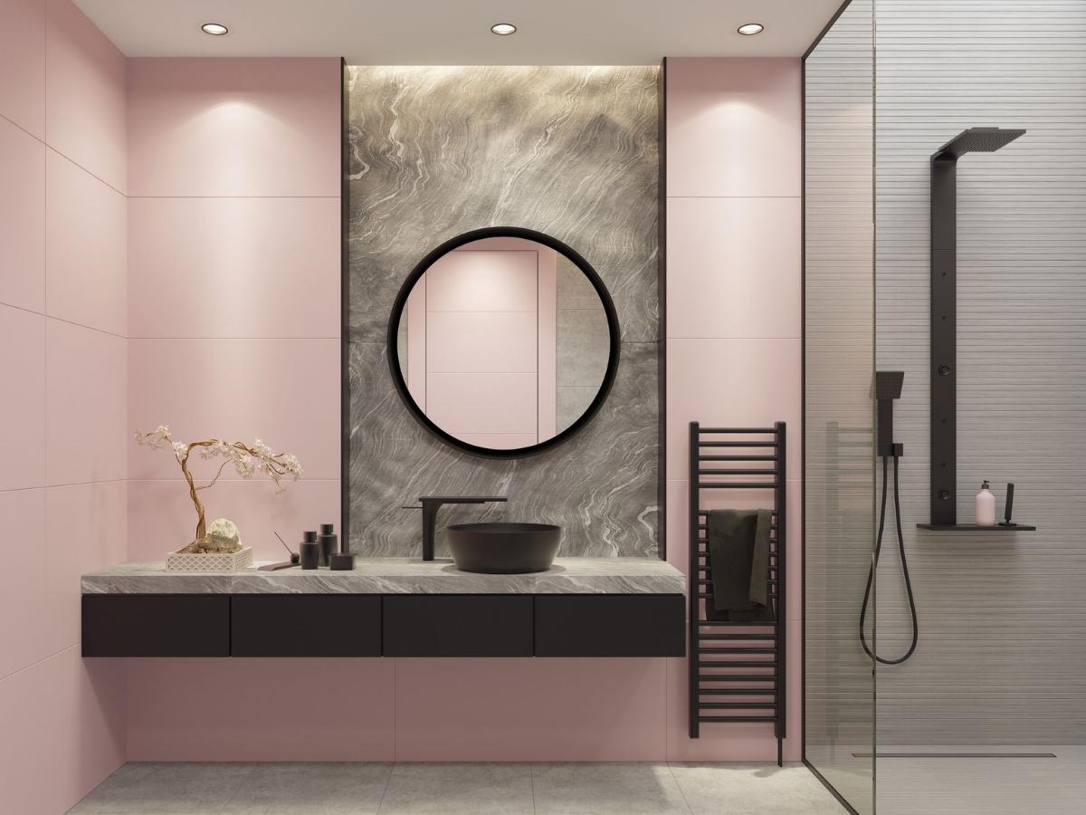 Sự tối giản và tinh tế đã tạo ra sức hấp dẫn cho thiết kế phòng tắm màu hồng này