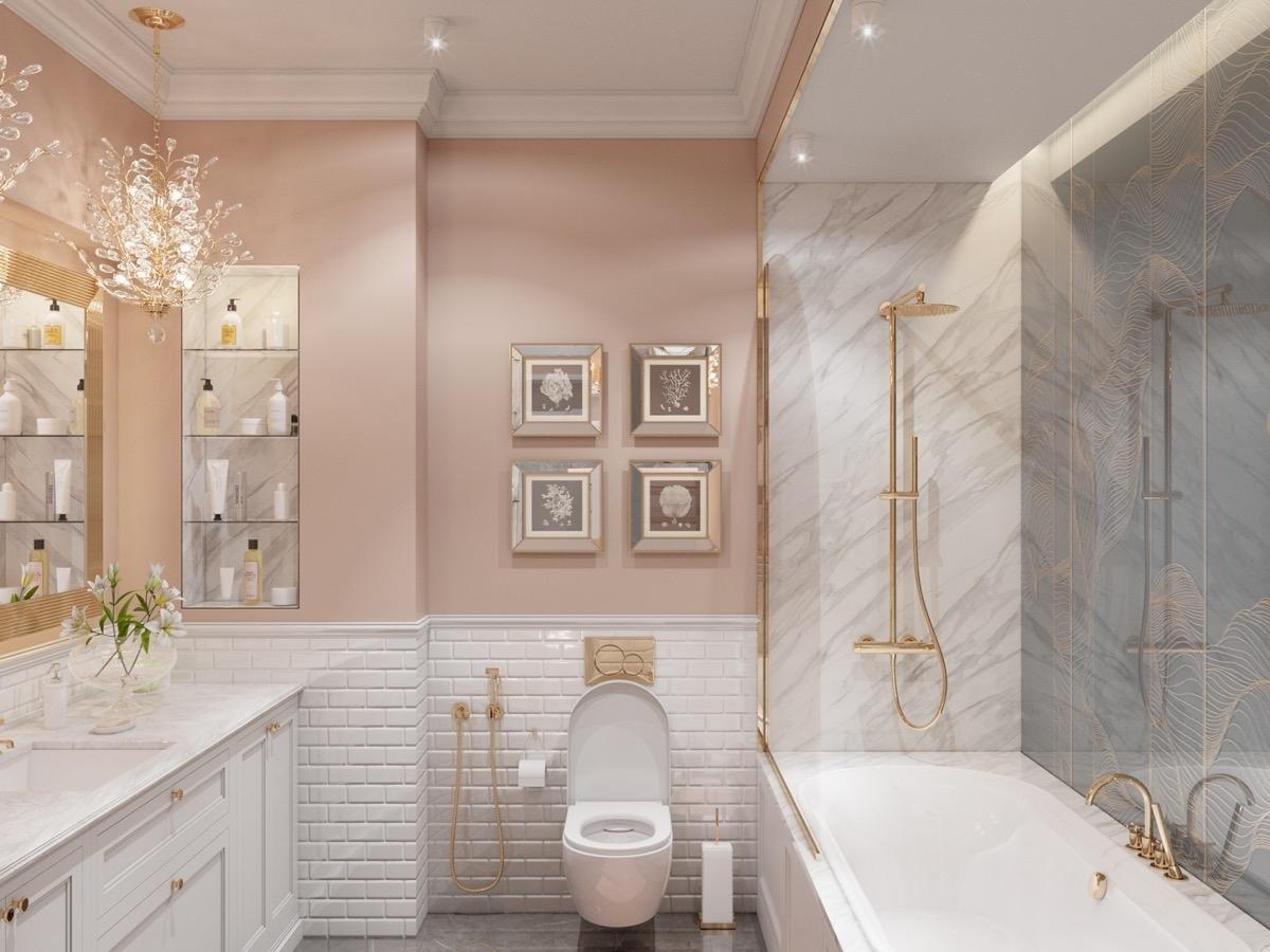 Thiết kế nhà tắm màu hồng theo trường phái tân cổ điển