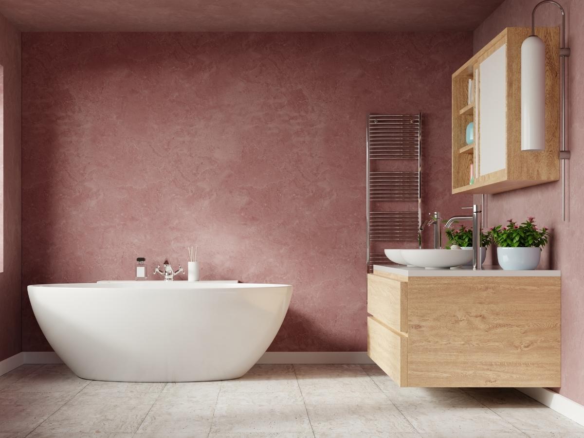Bài trí và thiết kế nội thất phòng tắm màu hồng theo phong cách hiện đại