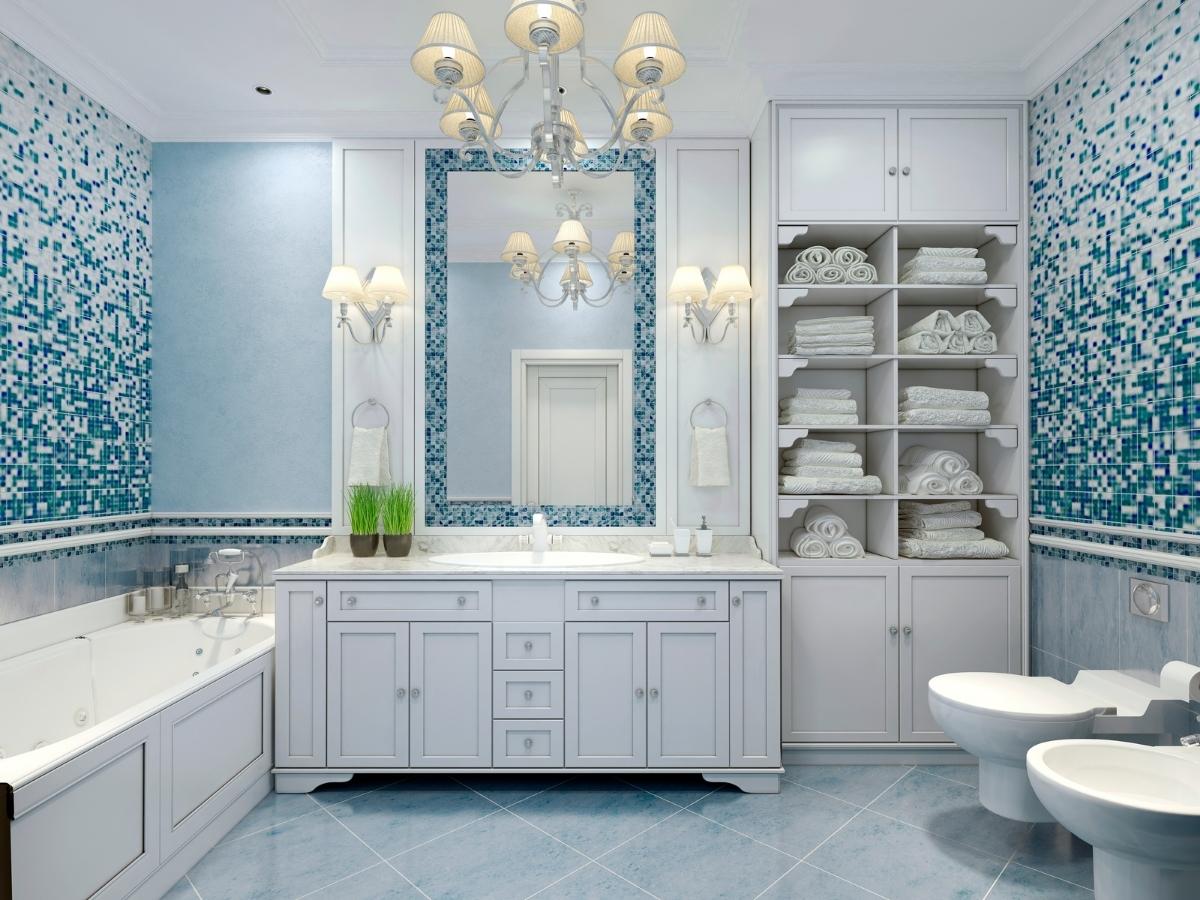 Mẫu phòng tắm màu xanh nước biển được thiết kế theo trường phái tân cổ điển