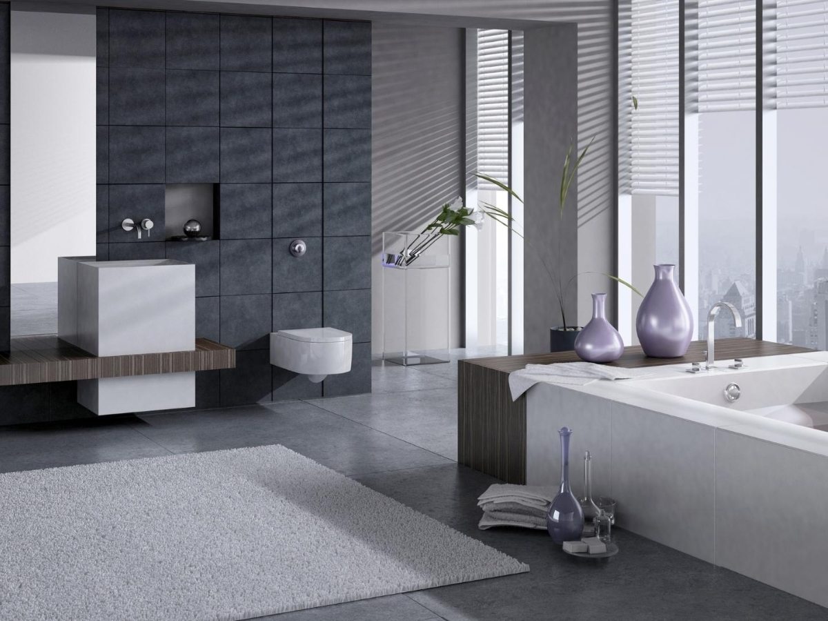 Một cảnh quan phòng tắm hiện đại với sự tối giản về màu sắc, thiết kế sắp xếp ngăn nắp và ánh sáng tự nhiên rực rỡ.