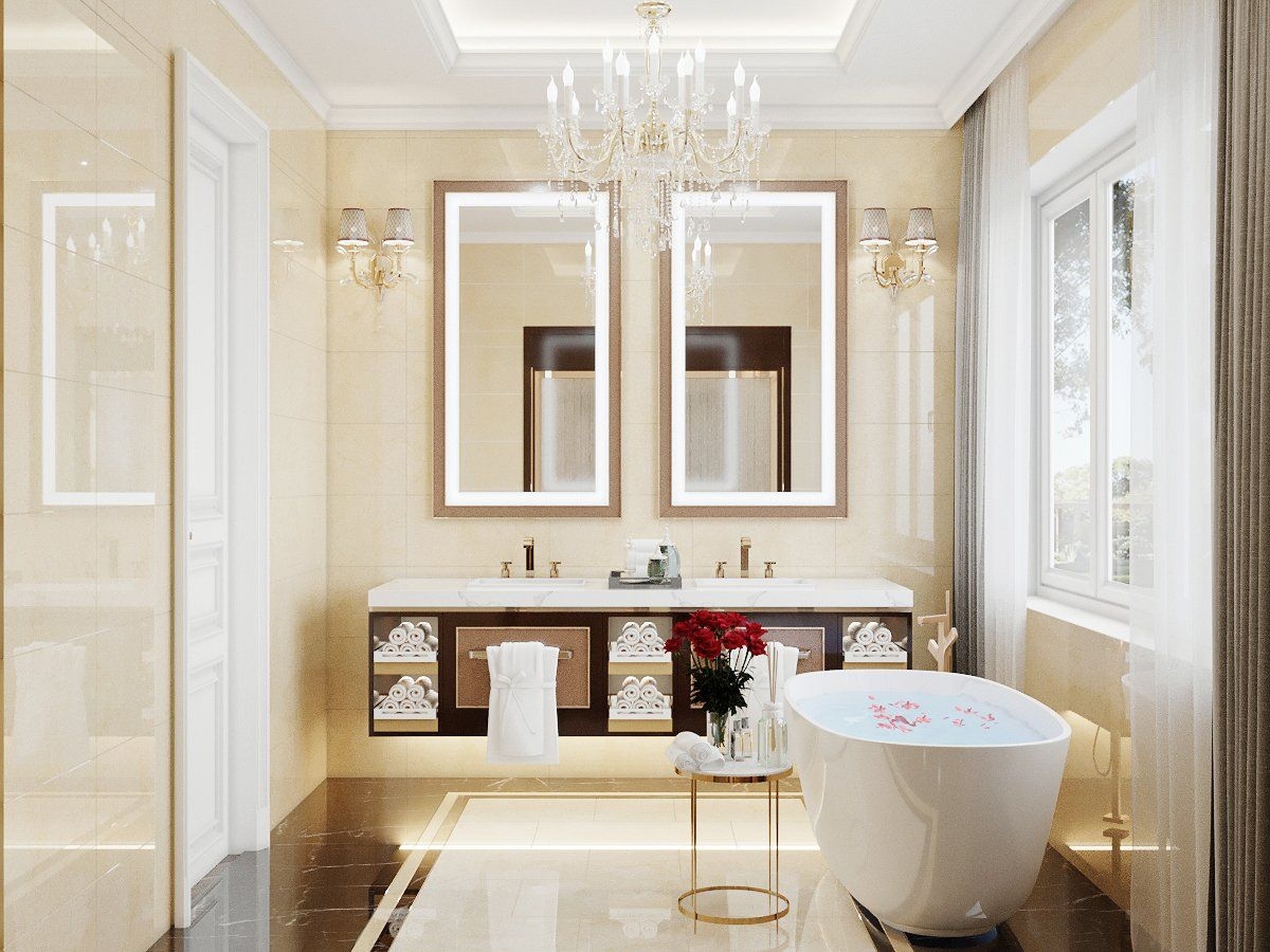 Khám phá không gian phòng tắm tân cổ điển với lối kiến trúc châu Âu cổ điển, đèn chùm lộng lẫy và sử dụng đá marble cao cấp, tạo nên một không gian sang trọng và đẳng cấp.