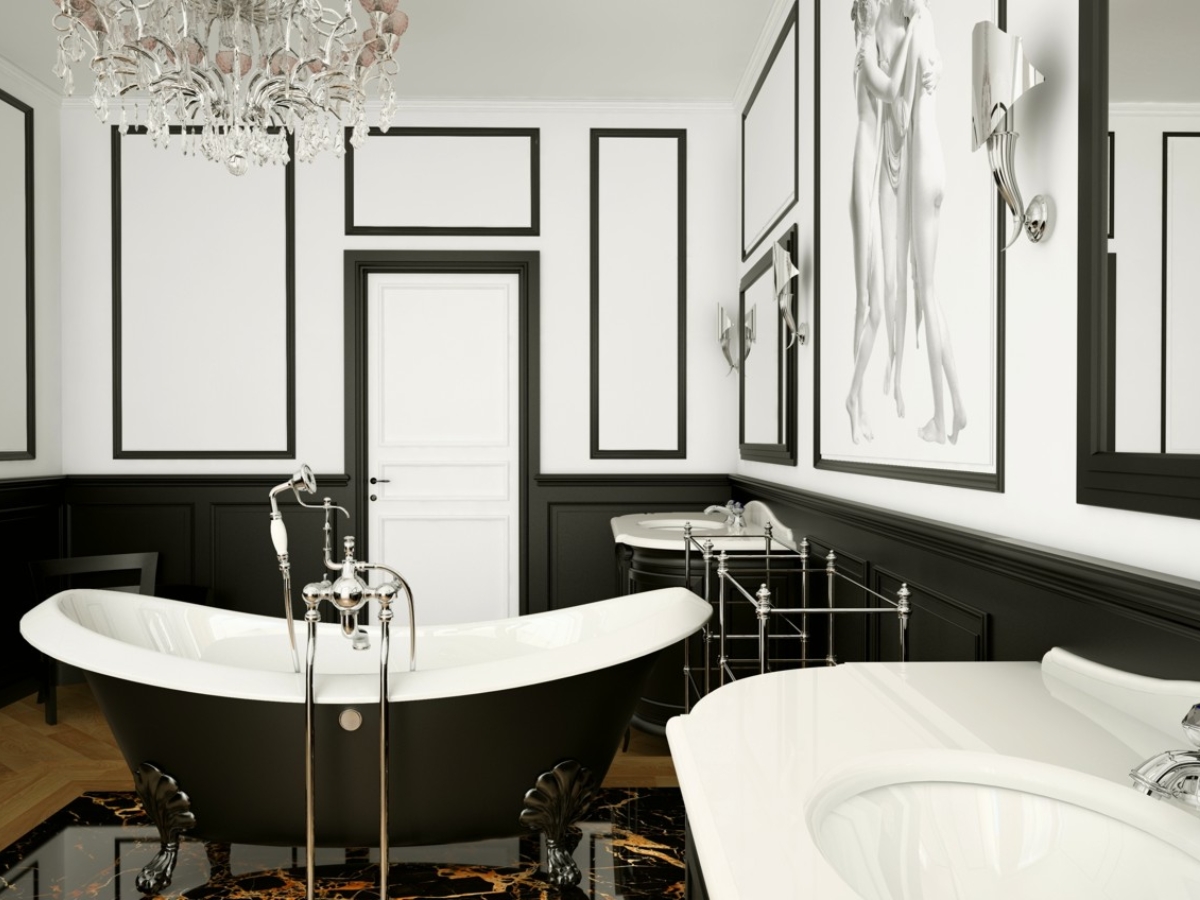 Khám phá không gian phòng tắm tân cổ điển với sự kết hợp tinh tế của sắc trắng và đen, với kiến trúc hình học đặc trưng và đồ nội thất cổ điển, tạo nên một không gian độc đáo và sang trọng.