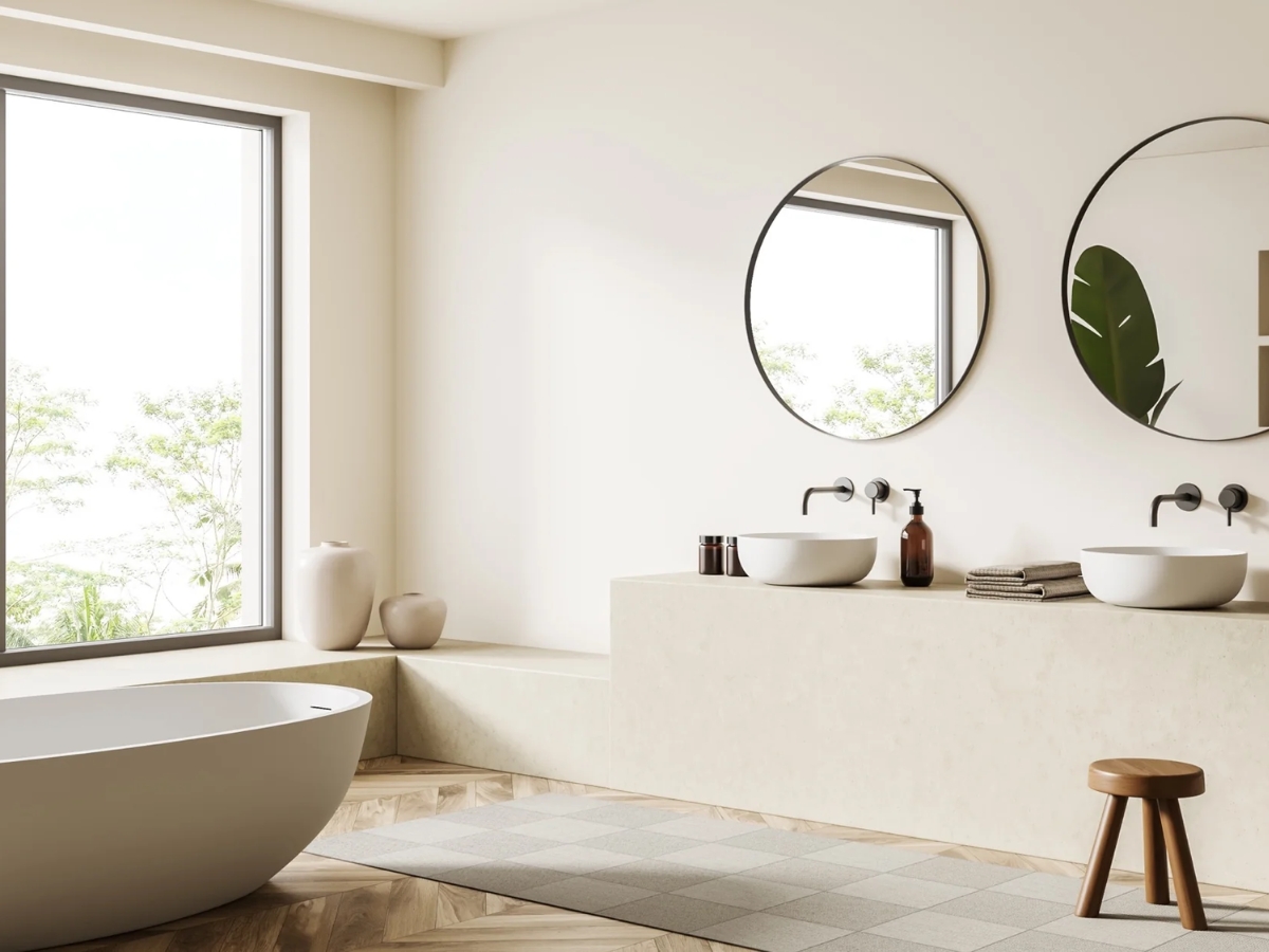 Việc sử dụng cửa kính trong suốt trong thiết kế phòng tắm theo phong cách Nhật Bản tạo nên không gian mở rộng, cho phép ánh sáng tự nhiên xuyên qua và tạo cảm giác thoải mái